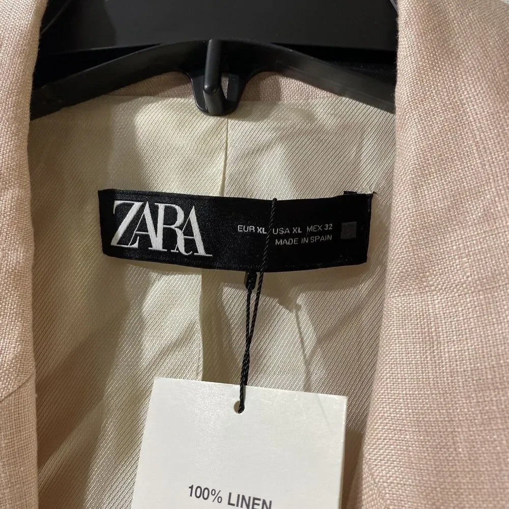 NEW - Zara Women's 100% LINEN STRAIGHT CUT BLAZER Jacket - Beige Pink - XL - Picture 4 of 7